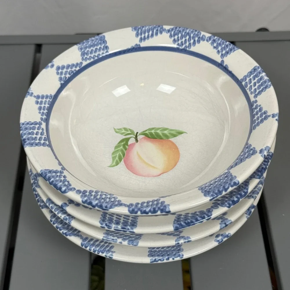 Set of 4x Pfaltzgraff Hopscotch Peach Bowls Vintage USA Stoneware Blue